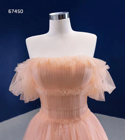 A-line Peach Tulle Prom Dresses Off the Shoulder Long Formal Dress 67450-prom dresses 2025 -Viniodress-Peach-Custom Size-