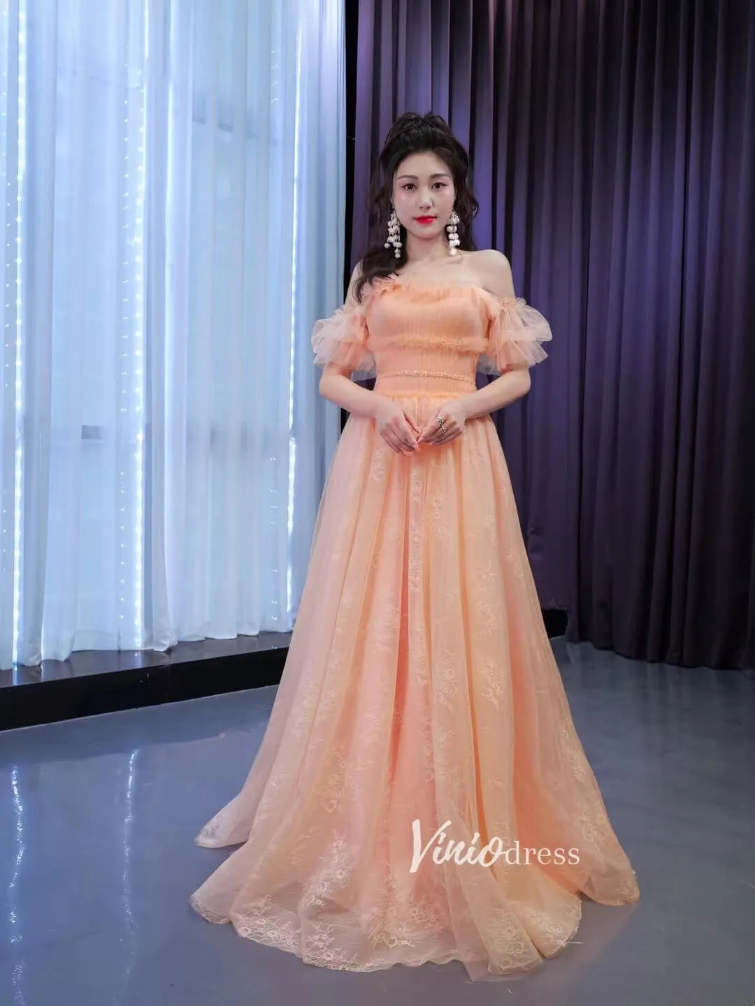 A-line Peach Tulle Prom Dresses Off the Shoulder Long Formal Dress 67450-prom dresses 2025 -Viniodress-Peach-Custom Size-