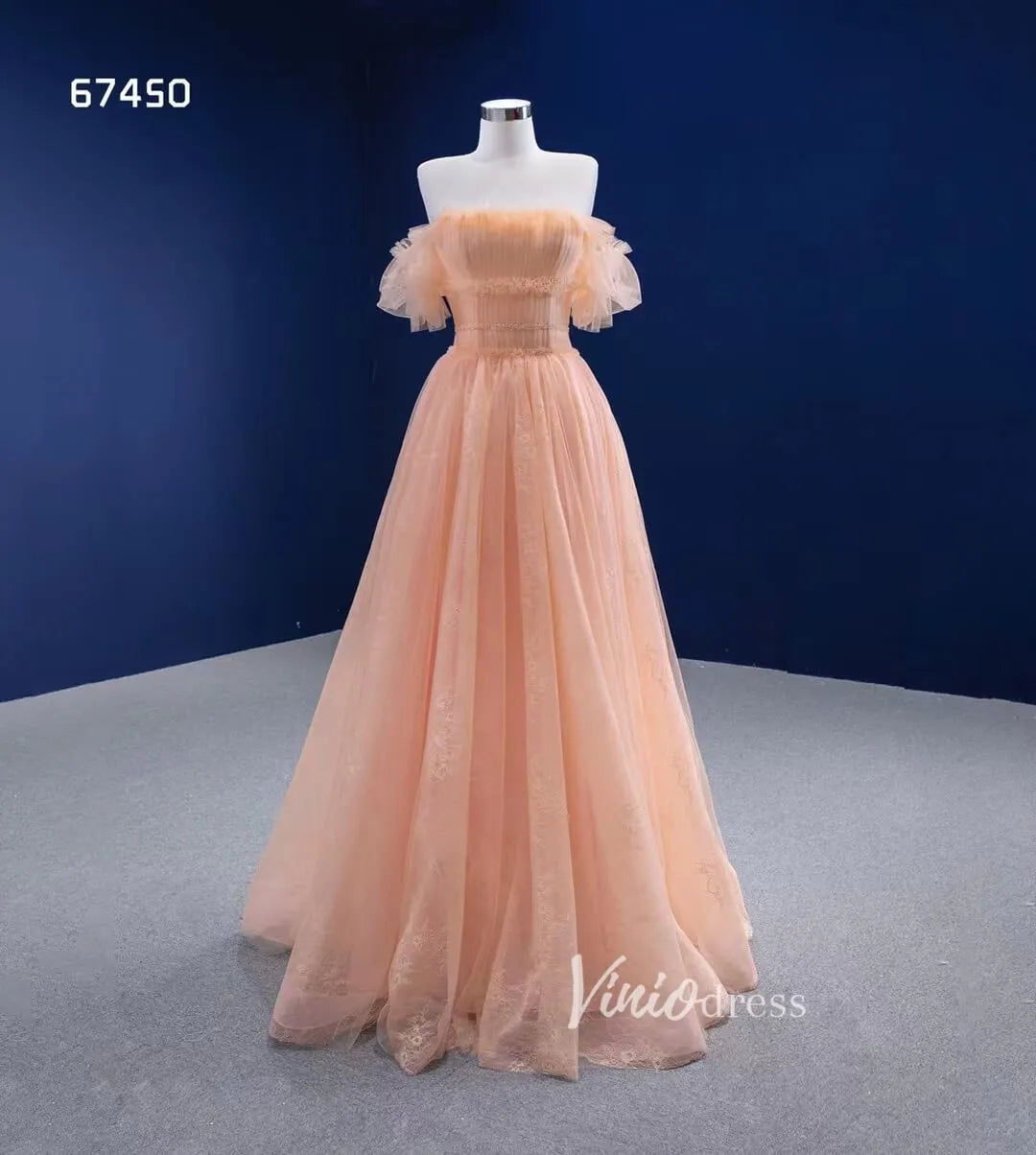 A-line Peach Tulle Prom Dresses Off the Shoulder Long Formal Dress 67450-prom dresses 2025 -Viniodress-Peach-Custom Size-