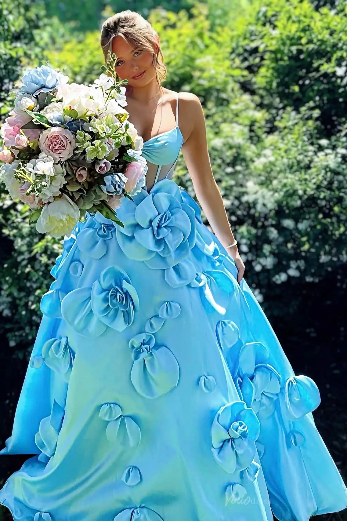 A-line Satin Prom Dresses with 3D Flower, Spaghetti Strap & Sheer Boned Bodice – AS064-prom dresses 2026-Viniodress-Light Blue-Custom Size-