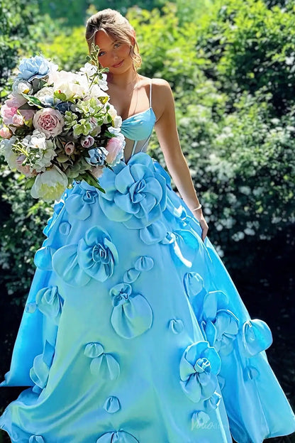 A-line Satin Prom Dresses with 3D Flower, Spaghetti Strap & Sheer Boned Bodice – AS064-prom dresses 2026-Viniodress-Light Blue-Custom Size-
