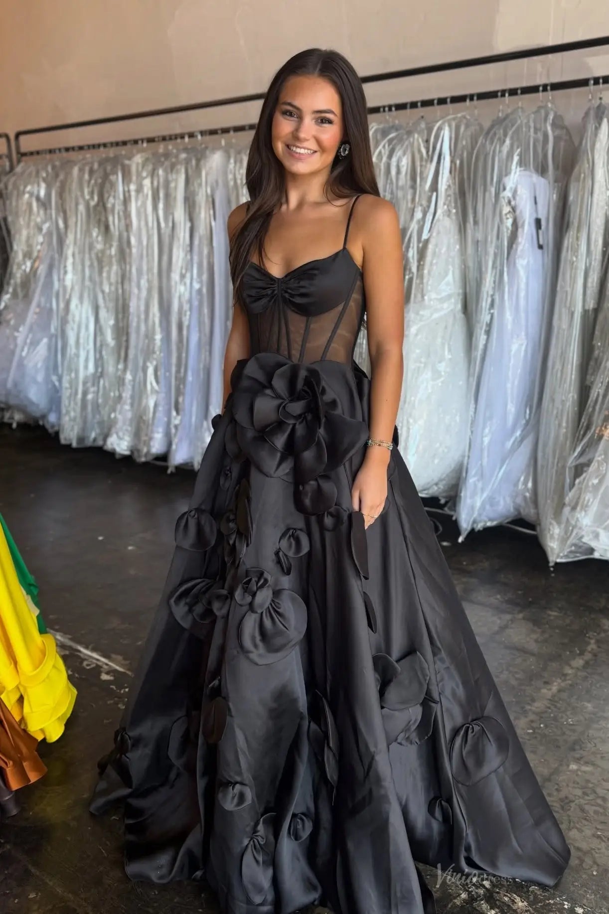 A-line Satin Prom Dresses with 3D Flower, Spaghetti Strap & Sheer Boned Bodice – AS064-prom dresses 2026-Viniodress-Light Blue-Custom Size-