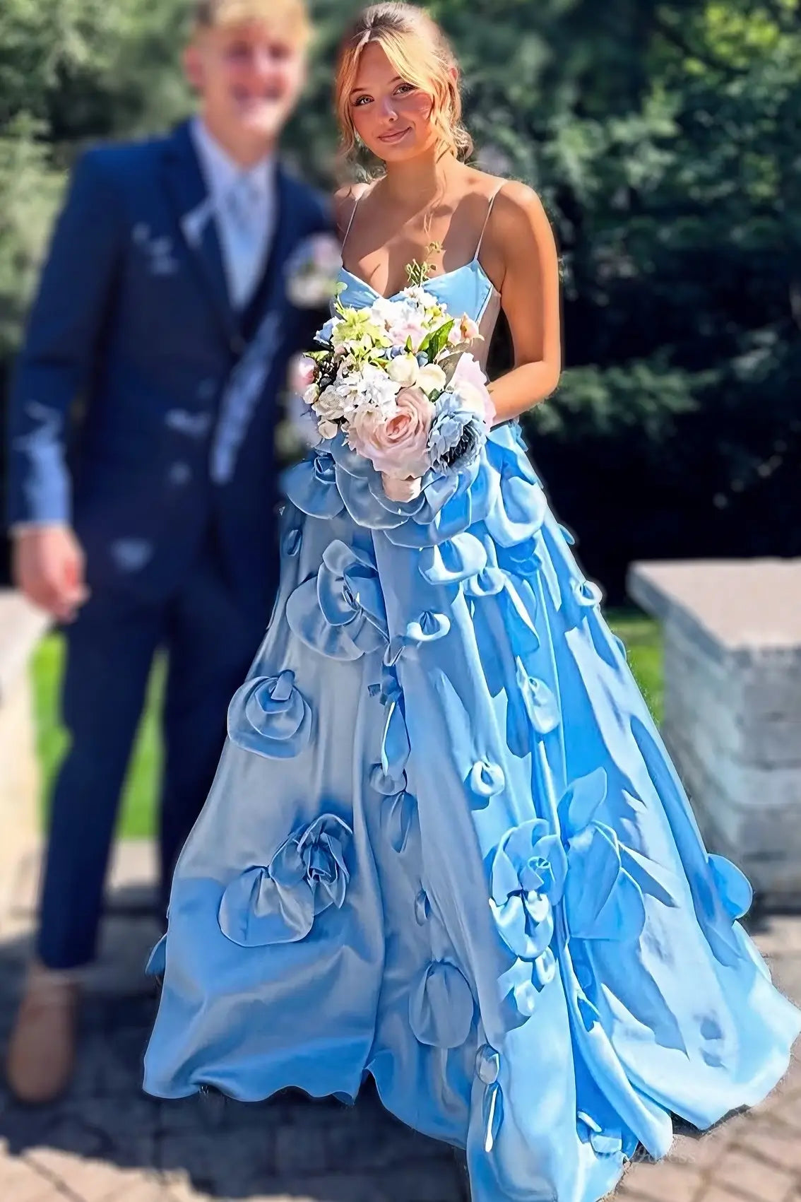A-line Satin Prom Dresses with 3D Flower, Spaghetti Strap & Sheer Boned Bodice – AS064-prom dresses 2026-Viniodress-Light Blue-Custom Size-