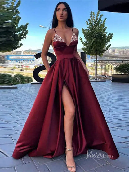A-line Satin Prom Dresses with Slit and Pockets Spaghetti Strap FD1551F-prom dresses 2025 -Viniodress-Burgundy-Custom Size-