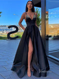 A-line Satin Prom Dresses with Slit and Pockets Spaghetti Strap FD1551F-prom dresses-Viniodress-Black-Custom Size-Viniodress