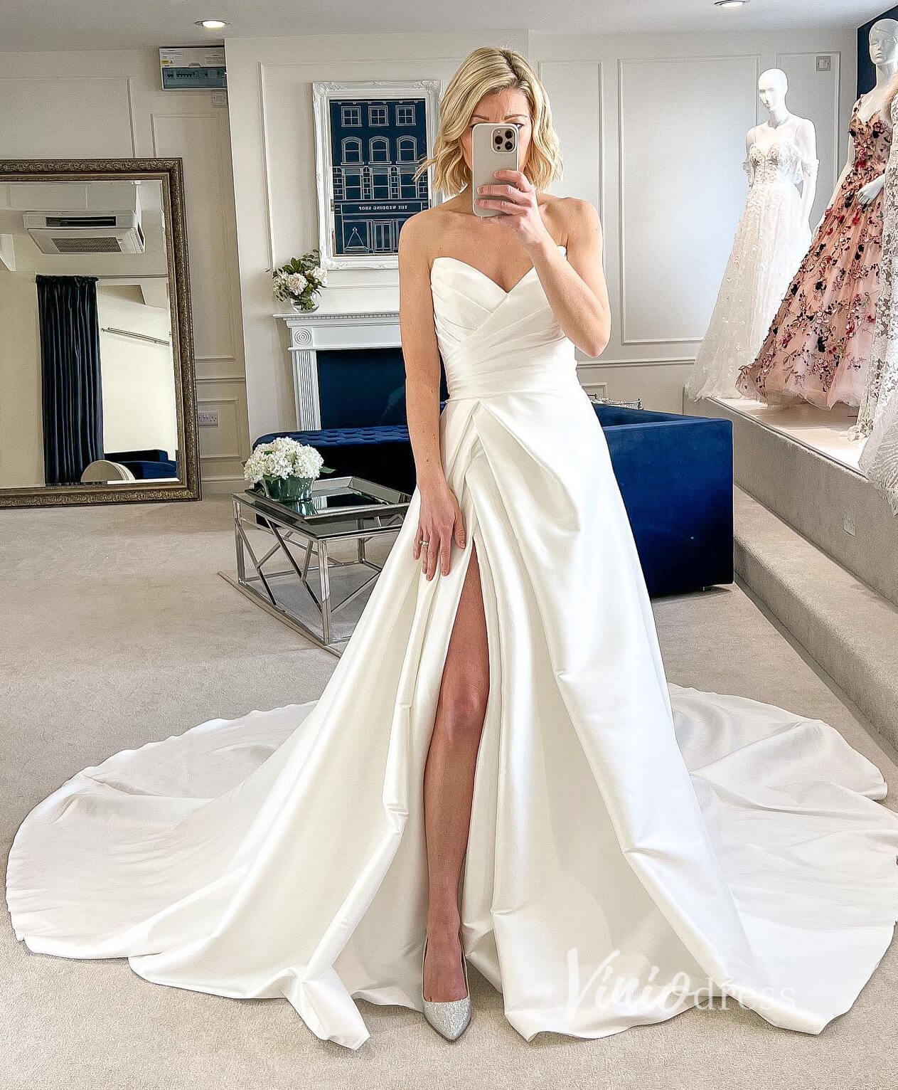 A-line Satin Wedding Dresses with Slit Strapless Wedding Gown VW2130-wedding dresses 2025 -Viniodress-Ivory-Custom Size-