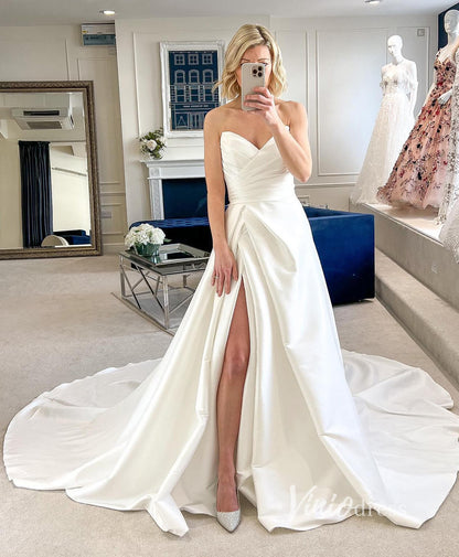 A-line Satin Wedding Dresses with Slit Strapless Wedding Gown VW2130-wedding dresses 2025 -Viniodress-Ivory-Custom Size-