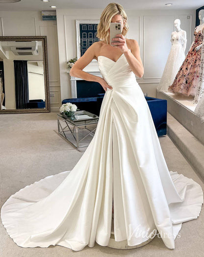 A-line Satin Wedding Dresses with Slit Strapless Wedding Gown VW2130-wedding dresses 2025 -Viniodress-Ivory-Custom Size-