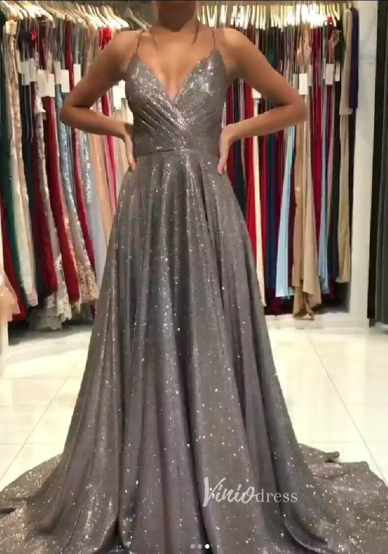 Prom Dress 2025 A-line Sparkly Grey Prom Dresses Spaghetti Strap V-neck FD1780C-unique prom dresses-Grey-Custom Size-Viniodress