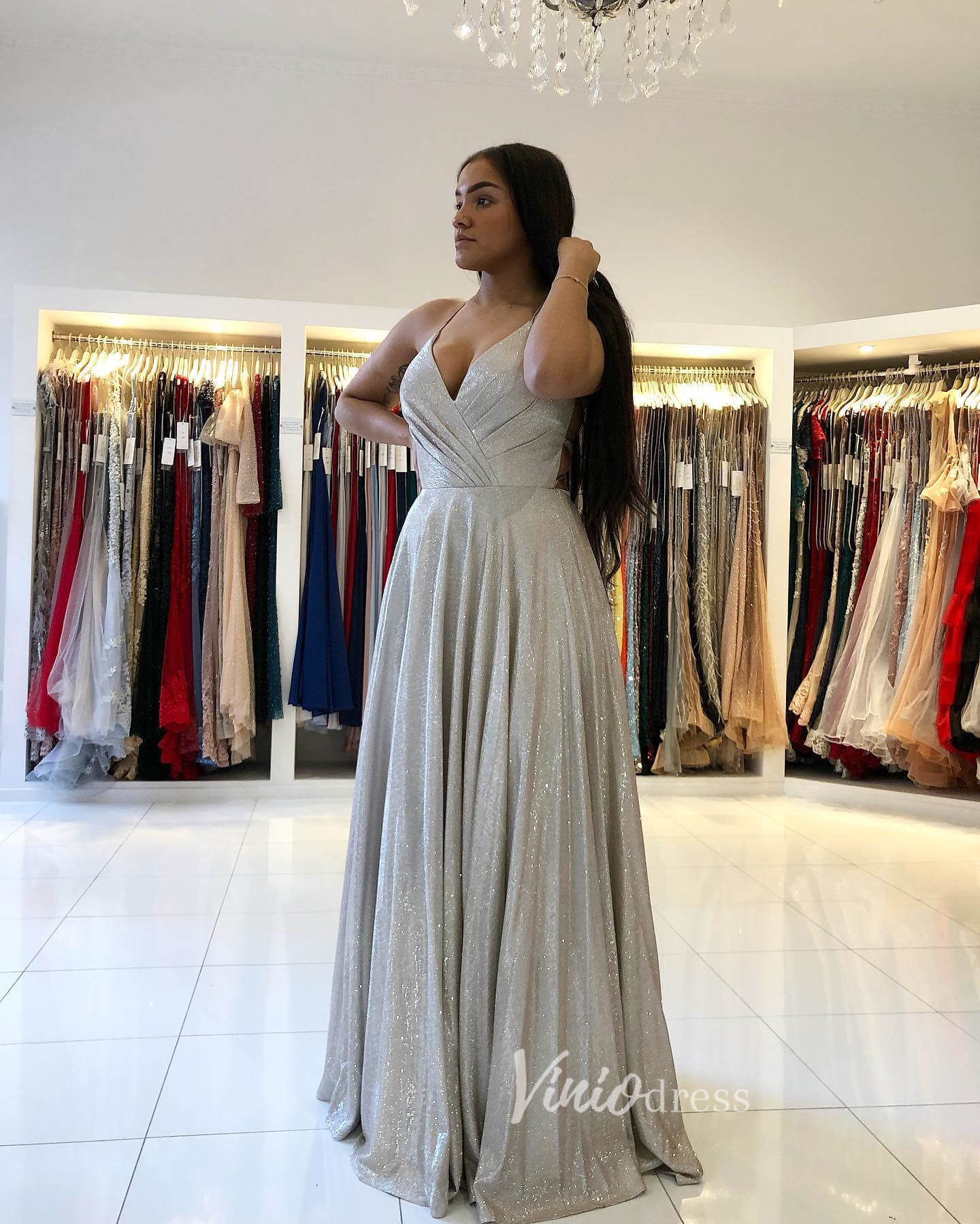 Prom Dress 2025 A-line Sparkly Grey Prom Dresses Spaghetti Strap V-neck FD1780C-unique prom dresses-Silver-Custom Size-Viniodress