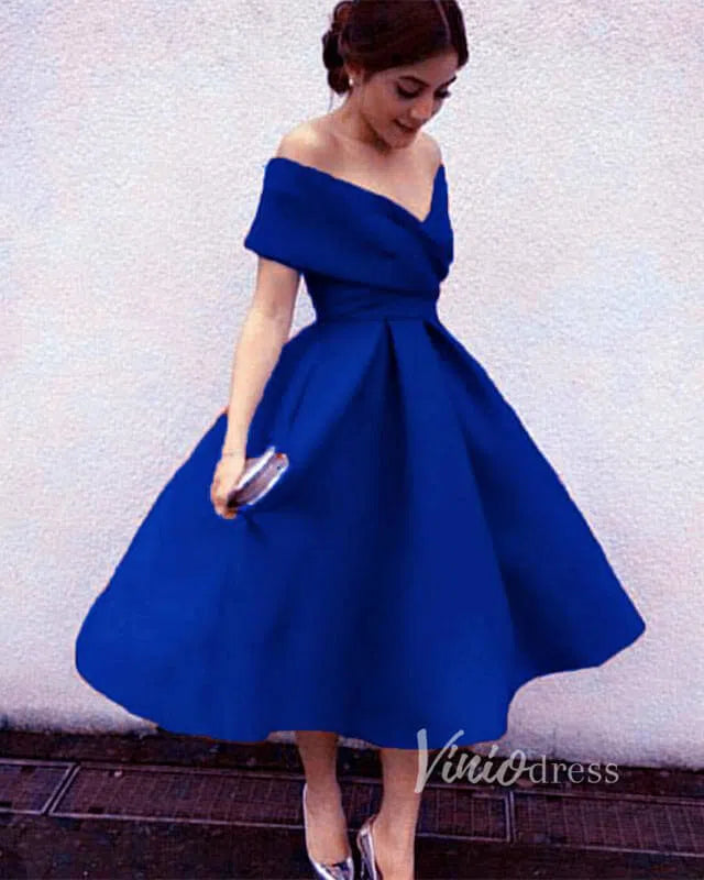 A Line Tea Length Prom Dresses Dusty Blue Wedding Guest Dress SD1205 Viniodress A Line Tea Length Prom Dresses Dusty Blue Wedding Guest Dress SD1205 Viniodress
