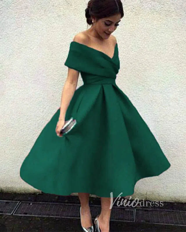 Prom Dress 2025 A Line Tea Length Prom Dresses Dusty Blue Wedding Guest Dress SD1205-unique prom dresses-Emerald Green-Custom Size-Viniodress