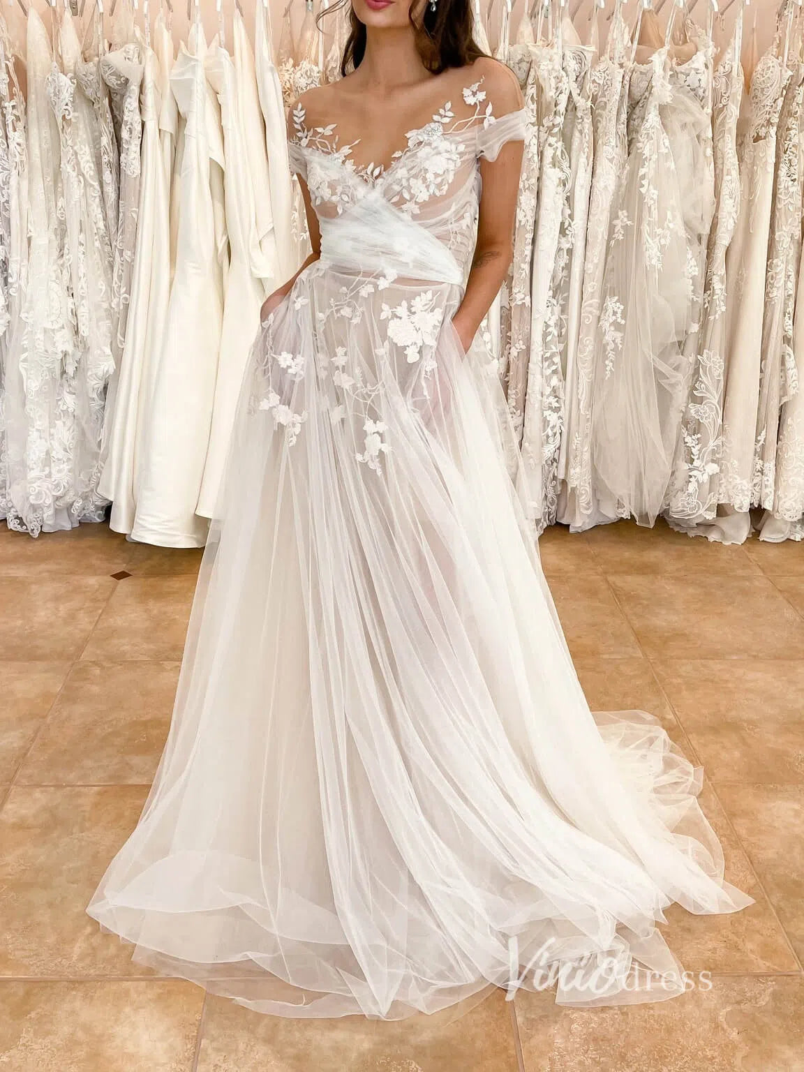 A-line Tulle Country Wedding Dress with Pockets VW1409-wedding dresses-Viniodress-Viniodress