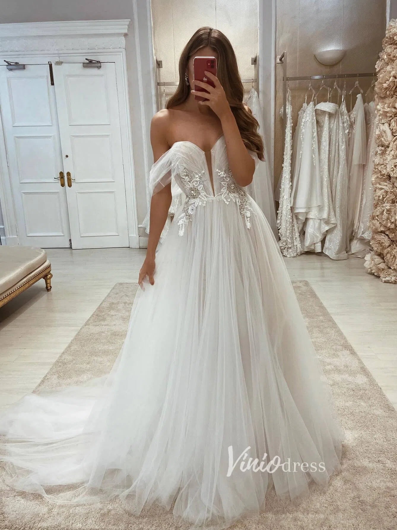 A-line Tulle Country Wedding Dresses Off the Shoulder VW2062-wedding dresses 2025 -Viniodress-Champagne-Custom Size-