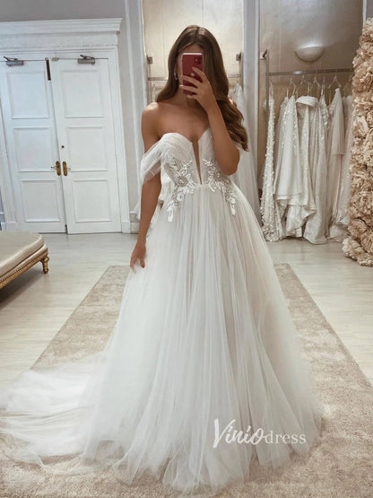 A-line Tulle Country Wedding Dresses Off the Shoulder VW2062-wedding dresses 2025 -Viniodress-Champagne-Custom Size-