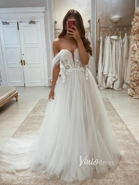 A-line Tulle Country Wedding Dresses Off the Shoulder VW2062-wedding dresses 2025 -Viniodress-Champagne-Custom Size-