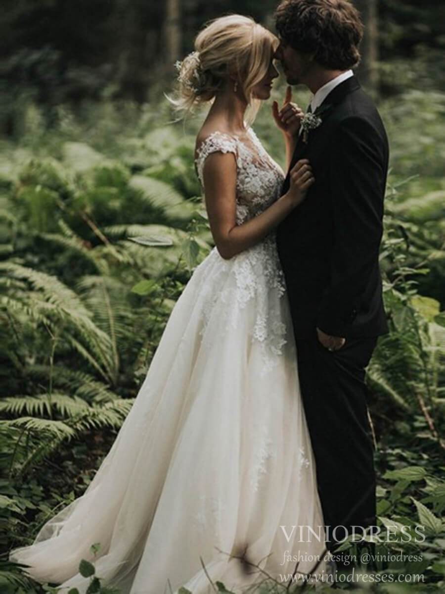 A-line Tulle Lace Country Wedding Dresses Backless Bridal Dress VW1545-wedding dresses 2025 -Viniodress-Ivory-Custom Size-