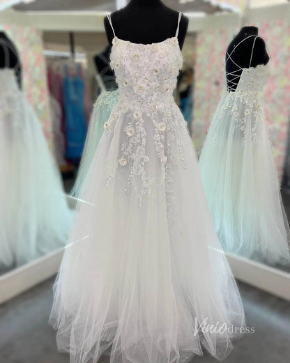 A-line Tulle Prom Dresses Spaghetti Strap Floral Ball Gowns FD3694b-prom dresses 2025 -Viniodress-Ivory-Custom Size-