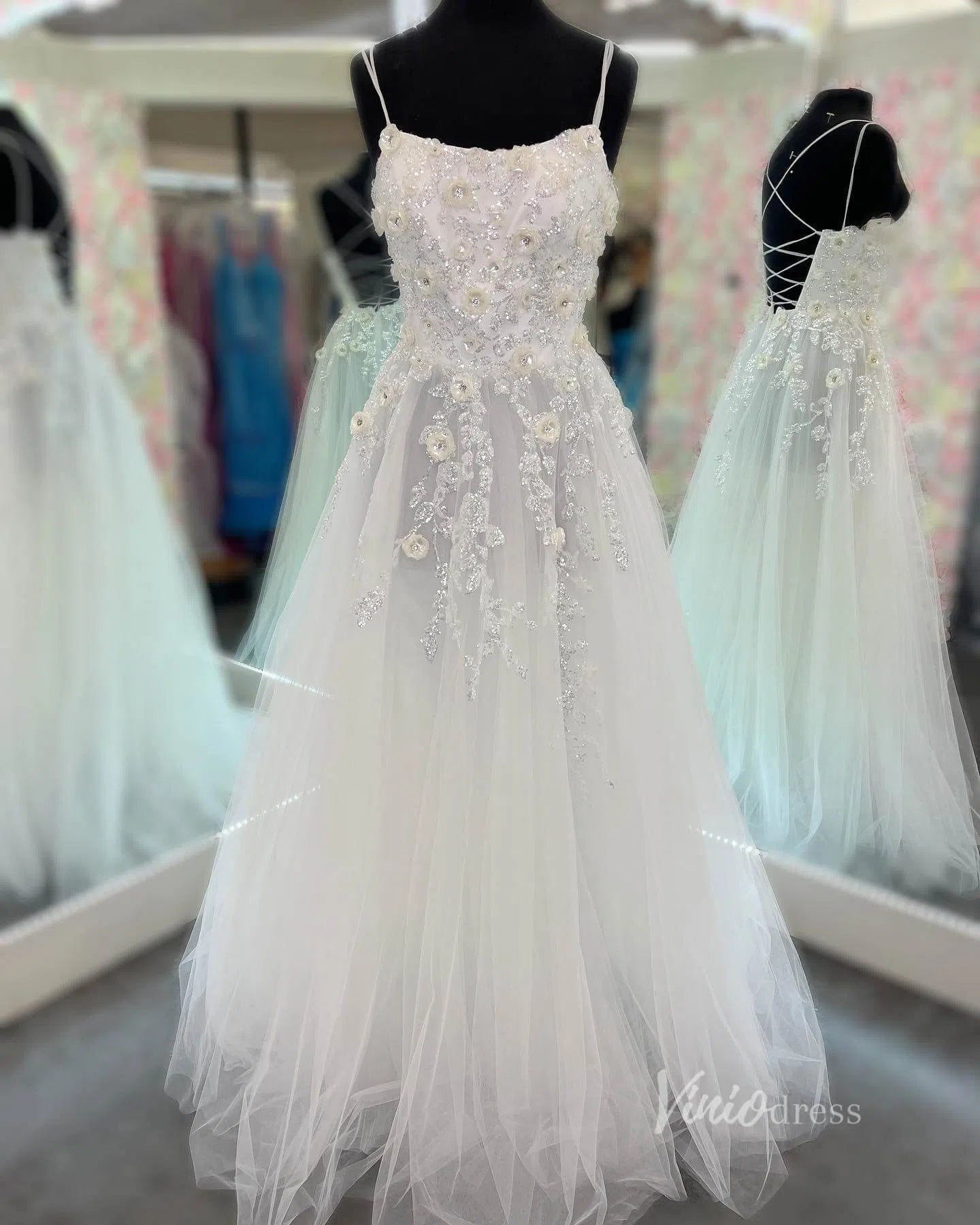 Prom Dress 2025 A-line Tulle Prom Dresses Spaghetti Strap Floral Ball Gowns FD3694b-unique prom dresses-Ivory-Custom Size-Viniodress