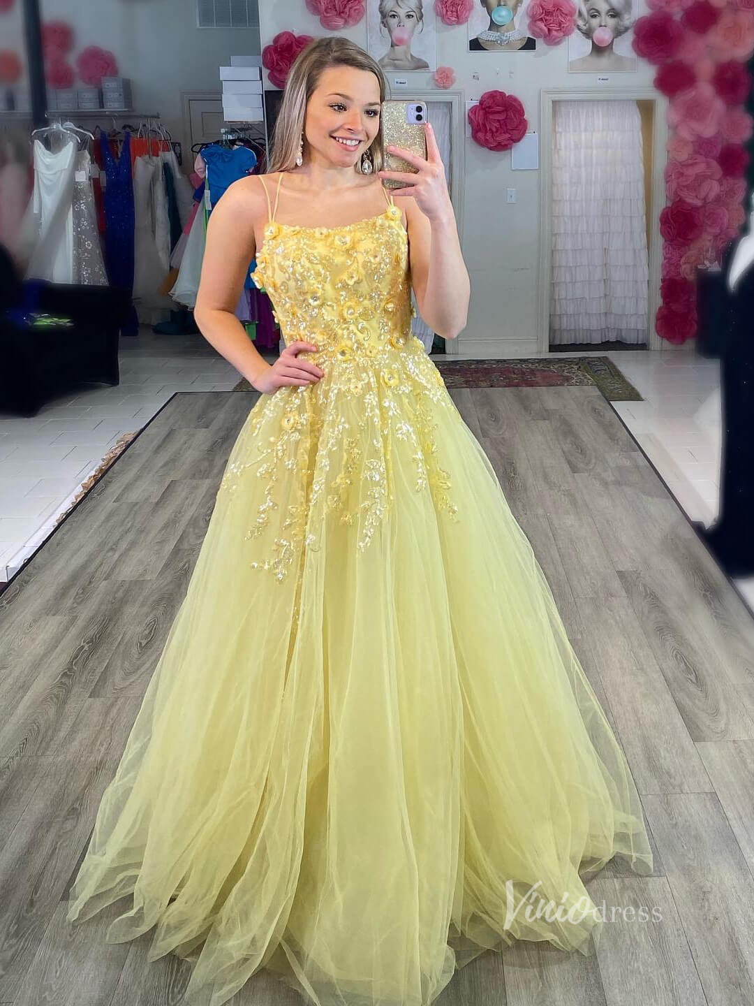 A-line Tulle Prom Dresses Spaghetti Strap Floral Ball Gowns FD3694b-prom dresses-Viniodress-Yellow-Custom Size-Viniodress