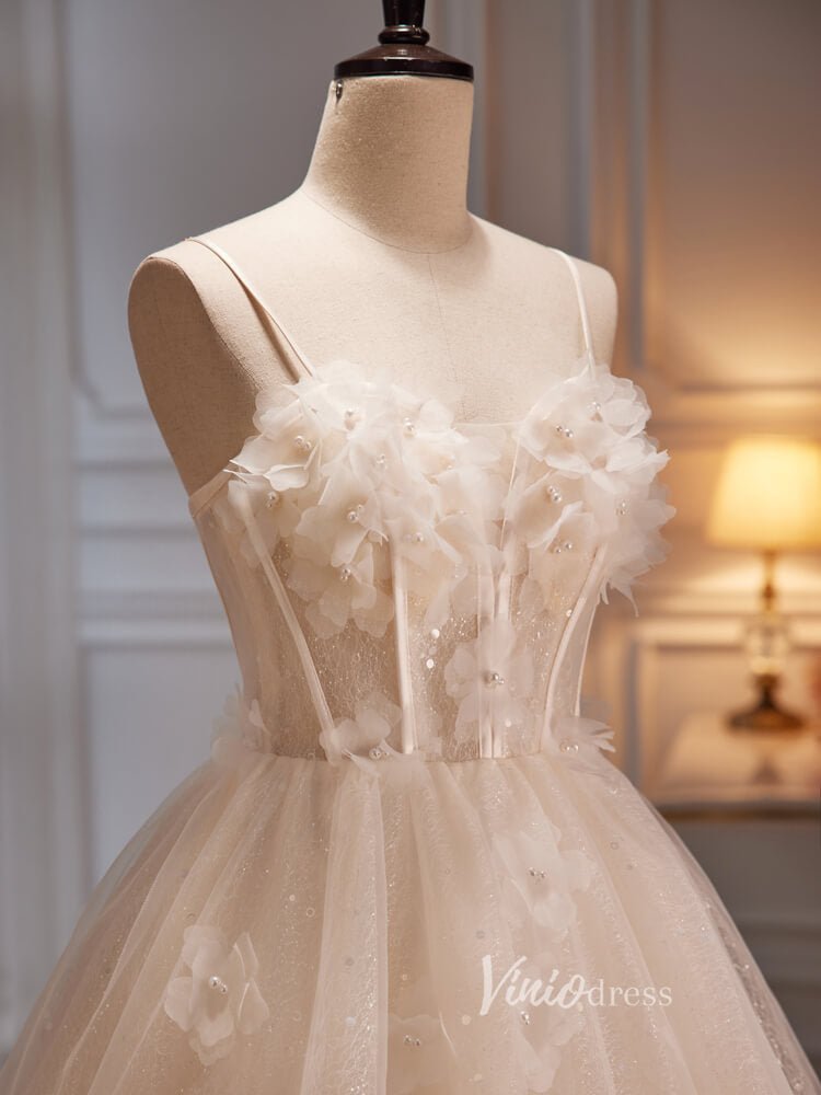 A-line Tulle Short Graduation Dresses 3D Flower Homecoming Dress Spaghetti Strap SD1612-prom dresses 2025 -Viniodress-Short-Champagne-Custom Size
