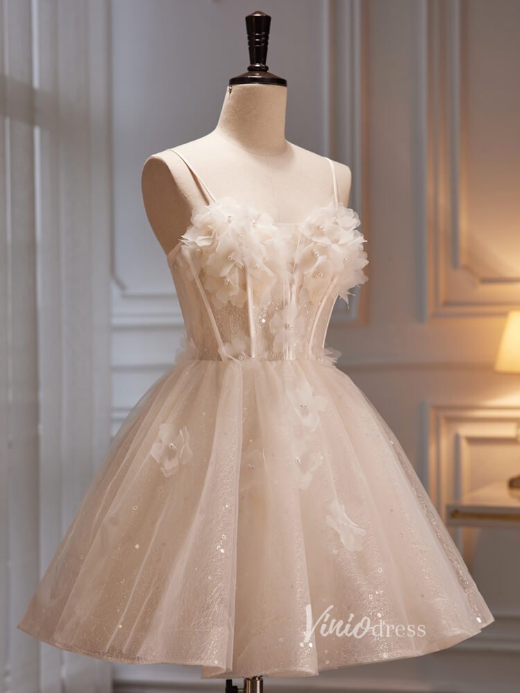 A-line Tulle Short Graduation Dresses 3D Flower Homecoming Dress Spaghetti Strap SD1612-prom dresses 2025 -Viniodress-Short-Champagne-Custom Size