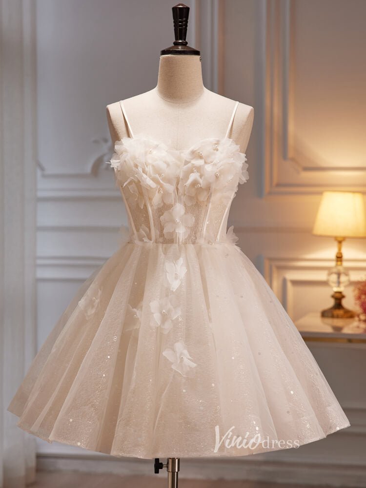 A-line Tulle Short Graduation Dresses 3D Flower Homecoming Dress Spaghetti Strap SD1612-prom dresses 2025 -Viniodress-Short-Champagne-Custom Size