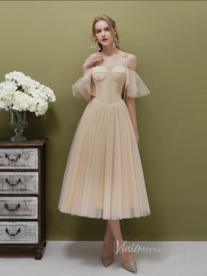 A-line Tulle Tea Length Prom Dresses Champagne FD2514-prom dresses 2025 -Viniodress-Champagne-Custom Size-