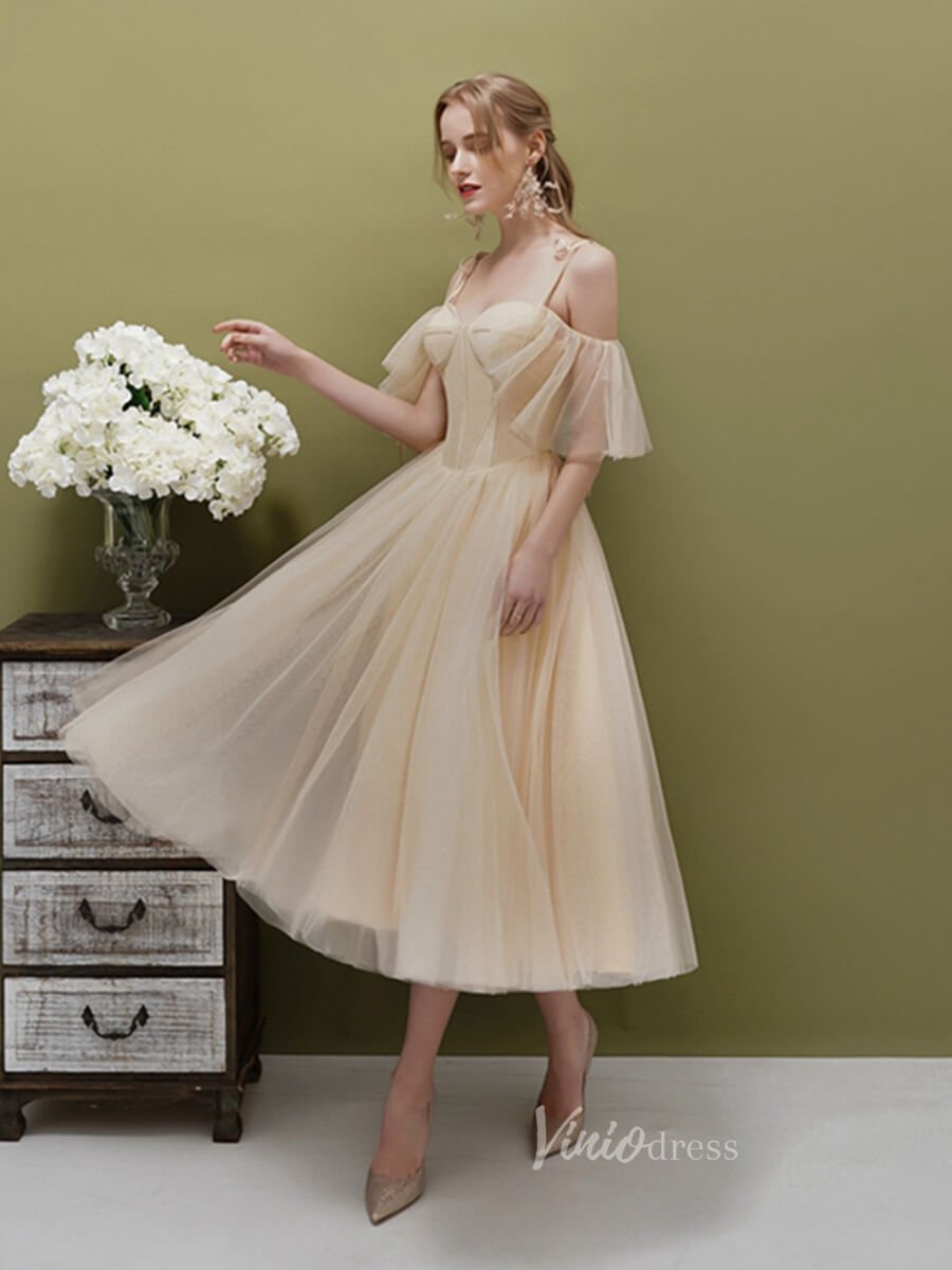 A-line Tulle Tea Length Prom Dresses Champagne FD2514-prom dresses 2025 -Viniodress-Champagne-Custom Size-