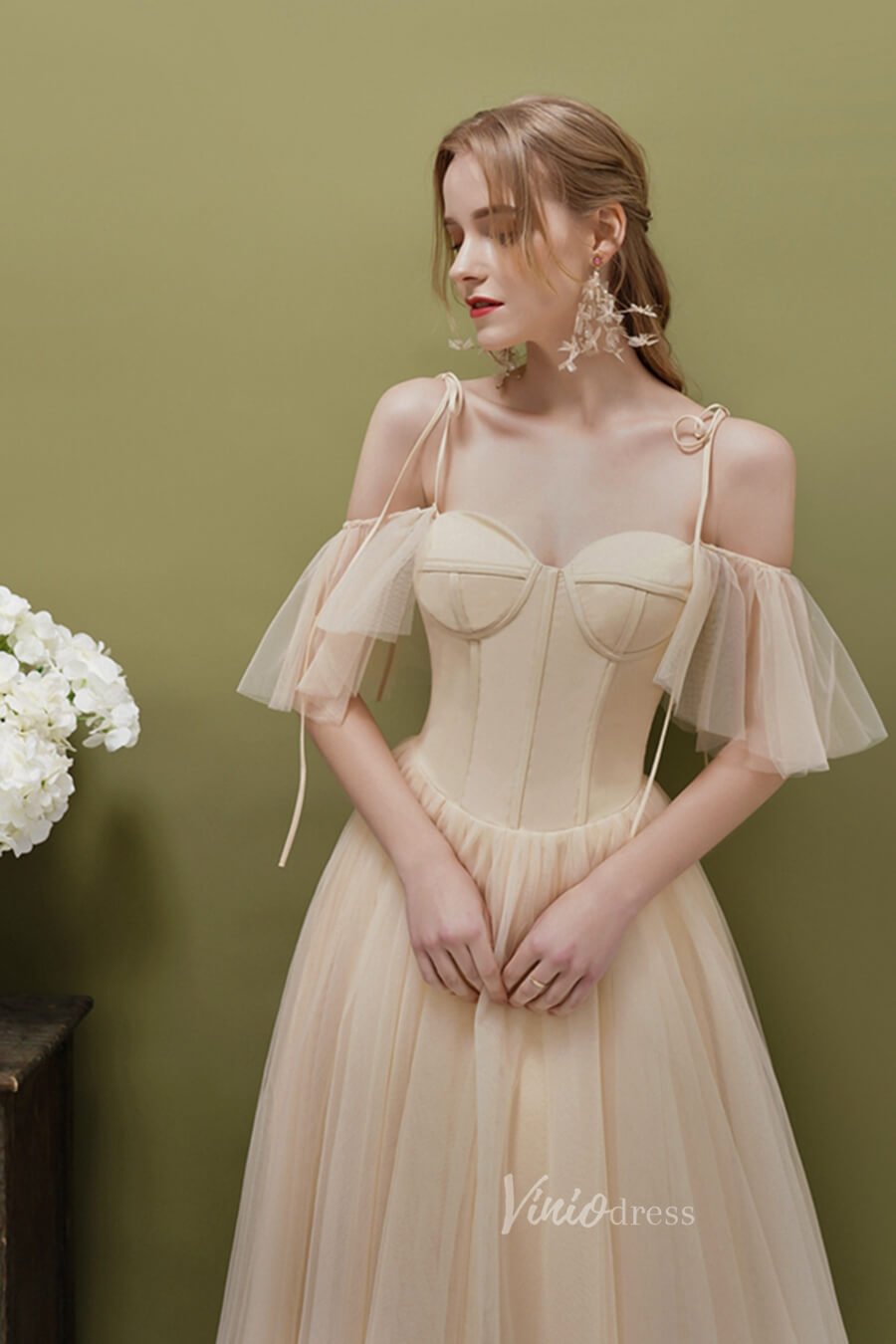 A-line Tulle Tea Length Prom Dresses Champagne FD2514-prom dresses 2025 -Viniodress-Champagne-Custom Size-