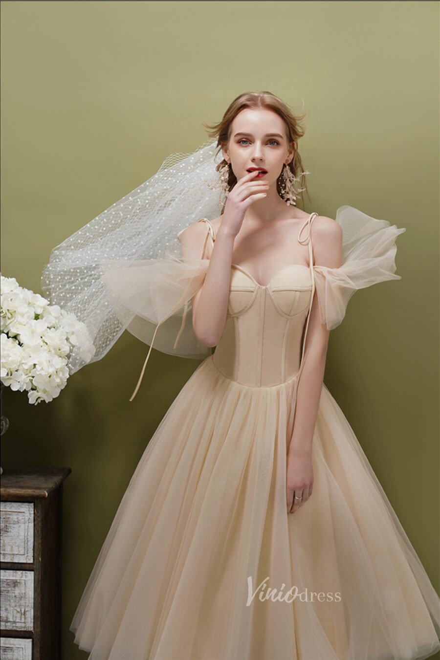 A-line Tulle Tea Length Prom Dresses Champagne FD2514  Viniodress
