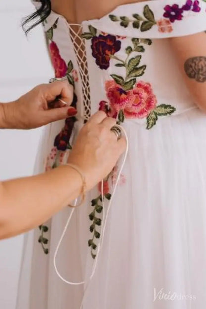 A-Line Tulle Wedding Dress with Colored Floral Meadow Embroidery | Fairytale Bridal Gown with Slit FW204-wedding dresses 2025 -Viniodress-Ivory-Custom Size-