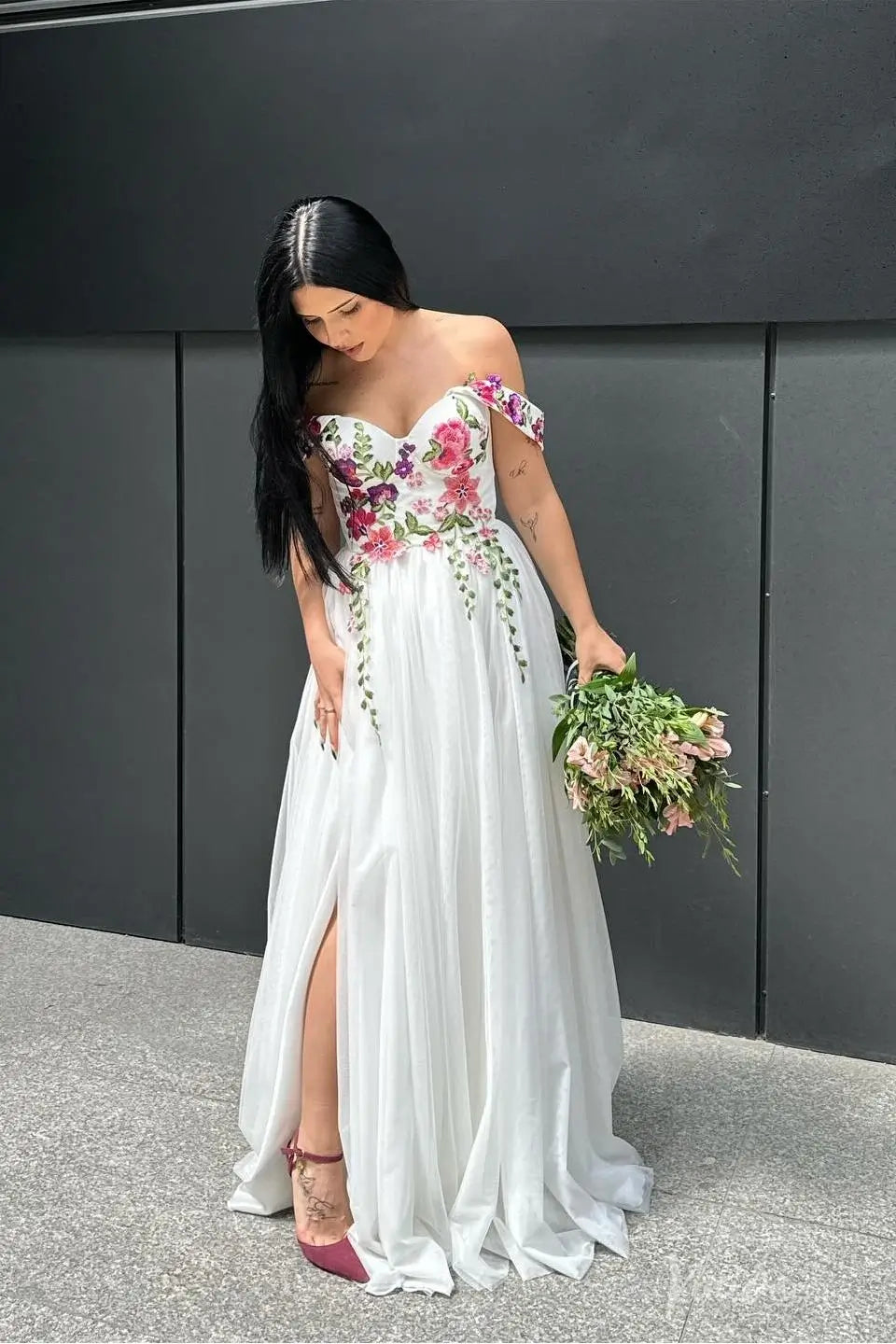 A-Line Tulle Wedding Dress with Colored Floral Meadow Embroidery | Fairytale Bridal Gown with Slit FW204-wedding dresses 2025 -Viniodress-Ivory-Custom Size-