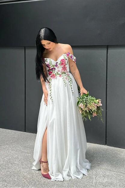 A-Line Tulle Wedding Dress with Colored Floral Meadow Embroidery | Fairytale Bridal Gown with Slit FW204-wedding dresses 2025 -Viniodress-Ivory-Custom Size-