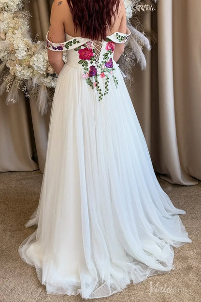 A-Line Tulle Wedding Dress with Colored Floral Meadow Embroidery | Fairytale Bridal Gown with Slit FW204-wedding dresses 2025 -Viniodress-Ivory-Custom Size-