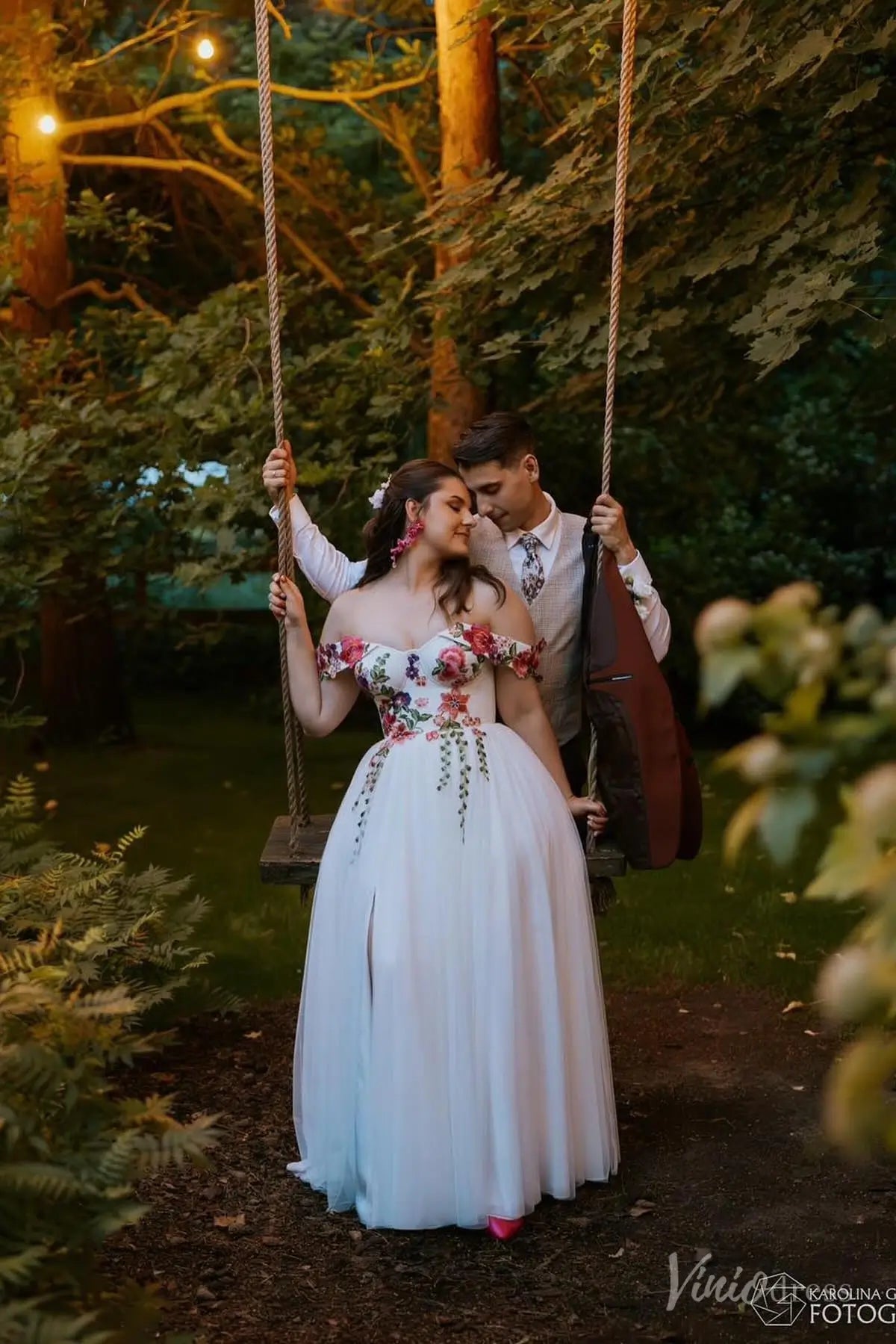 A-Line Tulle Wedding Dress with Colored Floral Meadow Embroidery | Fairytale Bridal Gown with Slit FW204-wedding dresses 2025 -Viniodress-Ivory-Custom Size-