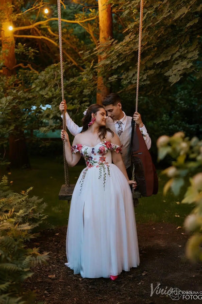 A-Line Tulle Wedding Dress with Colored Floral Meadow Embroidery | Fairytale Bridal Gown with Slit FW204-wedding dresses 2025 -Viniodress-Ivory-Custom Size-