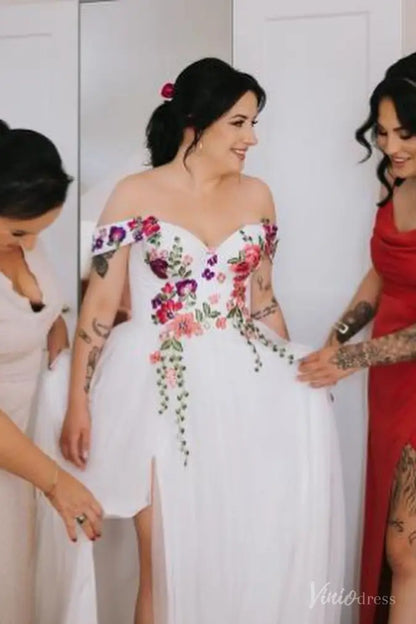 A-Line Tulle Wedding Dress with Colored Floral Meadow Embroidery | Fairytale Bridal Gown with Slit FW204-wedding dresses 2025 -Viniodress-Ivory-Custom Size-