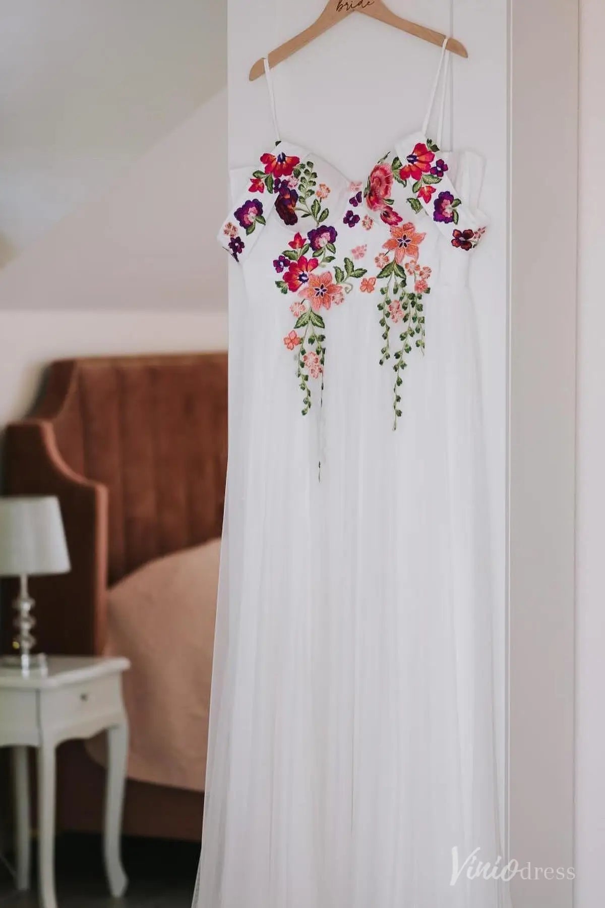 A-Line Tulle Wedding Dress with Colored Floral Meadow Embroidery | Fairytale Bridal Gown with Slit FW204-wedding dresses 2025 -Viniodress-Ivory-Custom Size-