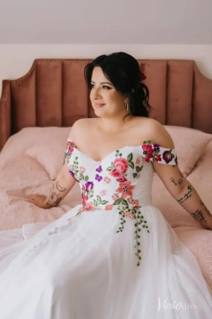 A-Line Tulle Wedding Dress with Colored Floral Meadow Embroidery | Fairytale Bridal Gown with Slit FW204-wedding dresses 2025 -Viniodress-Ivory-Custom Size-