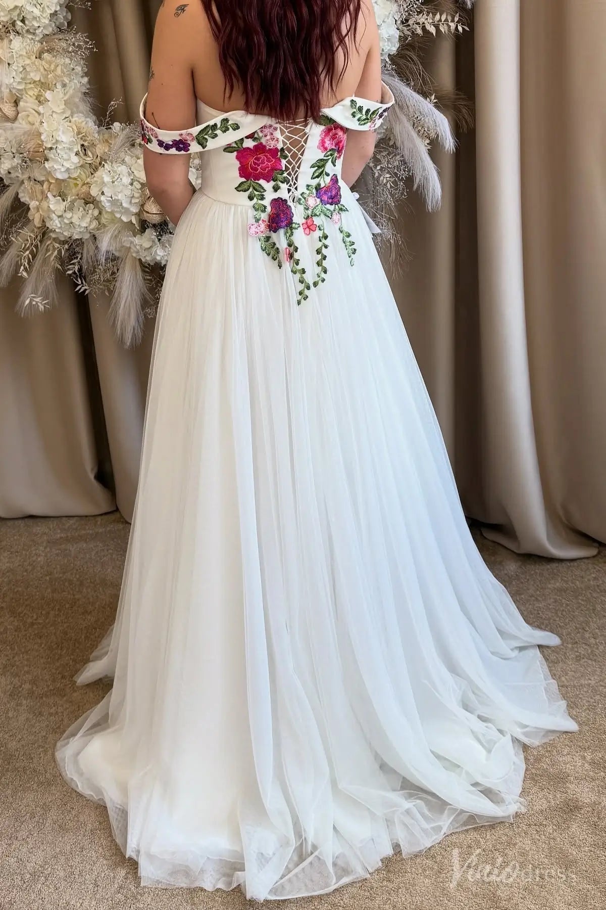 A-Line Tulle Wedding Dress with Colored Floral Meadow Embroidery | Fai Viniodress A-Line Tulle Wedding Dress with Colored Floral Meadow Embroidery | Fai Viniodress