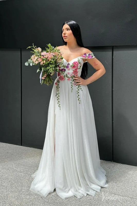 A-Line Tulle Wedding Dress with Colored Floral Meadow Embroidery | Fairytale Bridal Gown with Slit FW204-wedding dresses 2025 -Viniodress-Ivory-Custom Size-