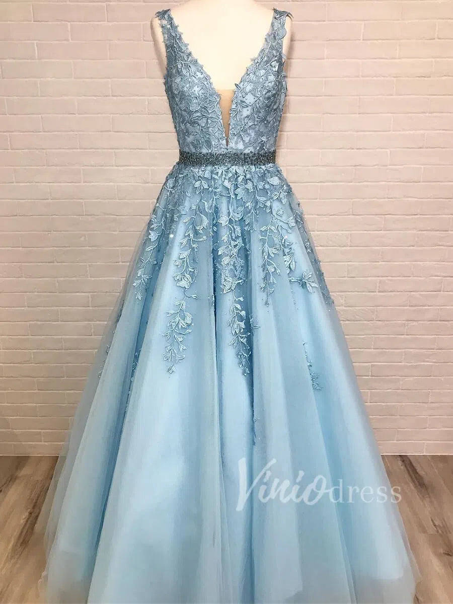 A-line V-neck Black Lace Prom Dresses Backless FD1265V – Viniodress