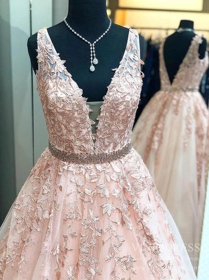 A-line V-neck Black Lace Prom Dresses Backless FD1265V-prom dresses 2025 -Viniodress-Blush Pink-Custom Size-