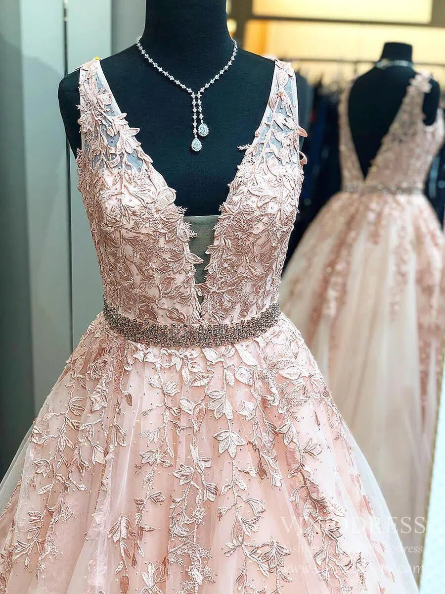 Prom Dress 2025 A-line V-neck Black Lace Prom Dresses Backless FD1265V-unique prom dresses-Blush Pink-Custom Size-Viniodress