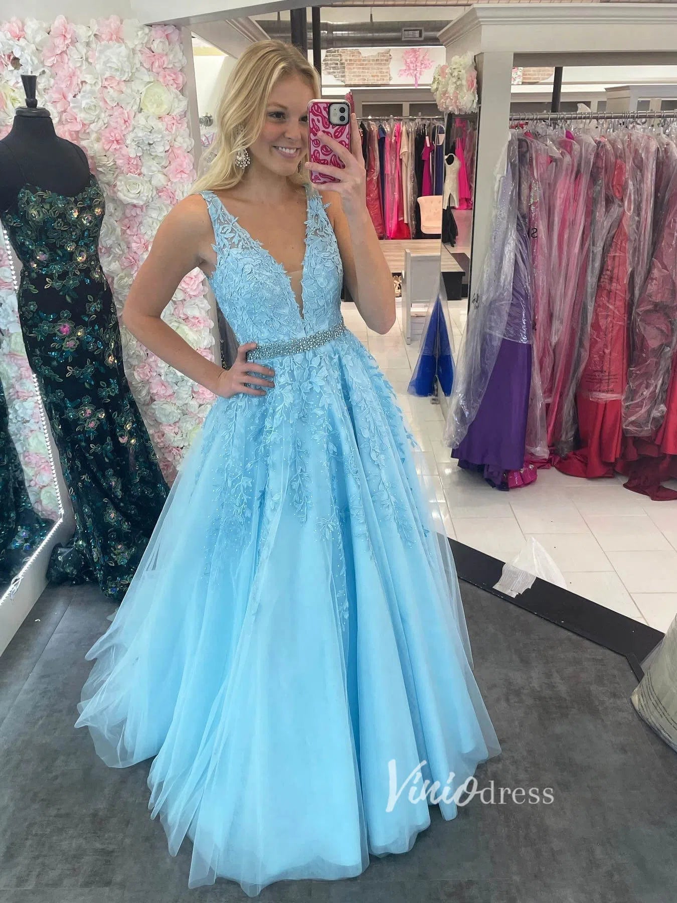 Prom Dress 2025 A-line V-neck Black Lace Prom Dresses Backless FD1265V-unique prom dresses-Light Blue-Custom Size-Viniodress