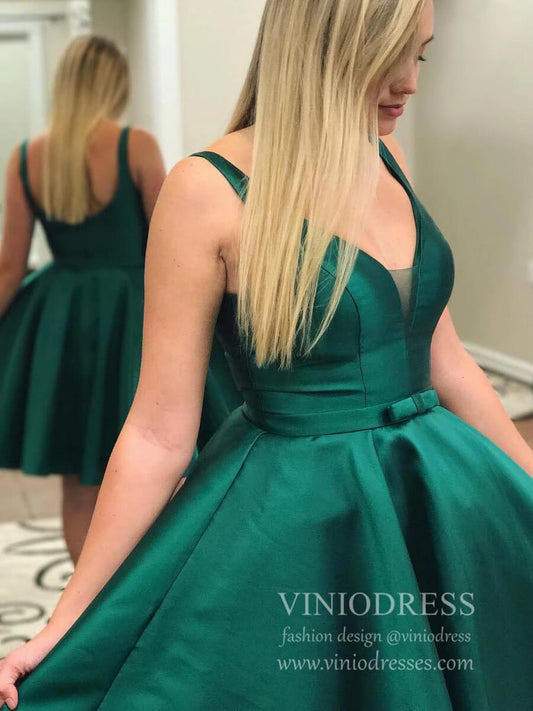 Short Prom Dresses 2025 A-line V Neck Emerald Green Satin Homecoming Dresses SD1295-homecoming dresses-Viniodress-Emerald Green-Custom Size-Viniodress