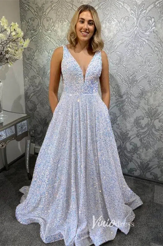 A-line V-neck Sequin Prom Dresses Long with Pockets FD2520 A-line, V-neck-prom dresses 2025 -Viniodress-Pink-Custom Size-