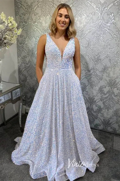 A-line V-neck Sequin Prom Dresses Long with Pockets FD2520 A-line, V-neck-prom dresses 2025 -Viniodress-Pink-Custom Size-