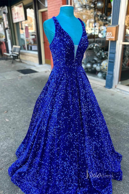 A-line V-neck Sequin Prom Dresses Long with Pockets FD2520 A-line, V-neck-prom dresses 2025 -Viniodress-Pink-Custom Size-